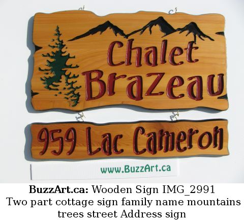 Two part cottage sign family name mountains trees street Address sign